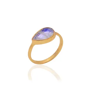 Rainbow Moonstone 12x9mm Pear Gemstone Silver Gold Plated <b>Ring</b> 2.11 gm Size US 7 for Girls and Women White <b>Pearl</b> Claw <b>Ring</b> - Product Image 1