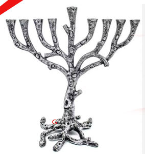 Candelabro de Hanukkah de 9 ramas con acabado de plata judía tradicional para el Templo del hogar - Product Image 1