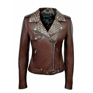 New Professional Manufacturer 100% <b>Genuine</b> Cowhide Leather Women's Jackets New Design Slim Fit Women Leather Studded Jacket - Product Image 1