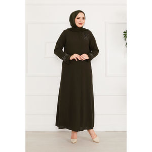 Abaya Hijab in Chiffon con Dettagli Floreali in Pizzo, Silhouette Dritta, Colore Kaki, con Bellissima Stampa Floreale - Product Image 4