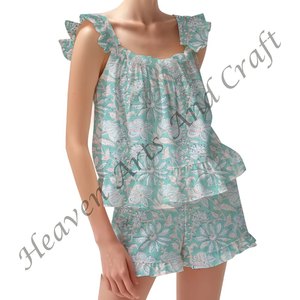 Conjunto de pijama de dos piezas de diseñador de la mejor calidad para mujer Kurta Primavera/Verano Floral ajustado con tiras y volantes - Product Image 5