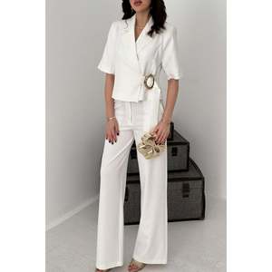 Ecru Single-Buckle Jacket And Trousers <b>Set</b> - Ecru - Product Image 5