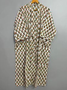 Jaipuri Handmade Cotton Maxi Dressing Gown Floral Block Print Free Size Beach Cover Shower Robe Comfort Casual Dress Natural - Product Image 6