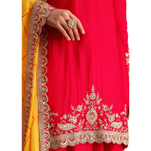Vente en gros OEM de vêtements ethniques pour femmes, tenue personnalisée, costume rouge Zari Work Kurta Palazzo avec organza Dupatta - Product Image 4