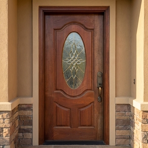 Porte d'entrée de luxe en teck massif à panneau unique avec verre décoratif ovale et panneaux inférieurs surélevés - Product Image 4
