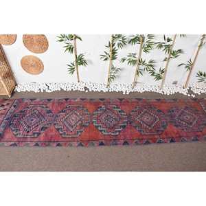 2.9x11.5 ft <b>Runner</b> Turkish Rug, Vintage Rug, <b>Red</b> Blue Floral Wool Rug - Product Image 3