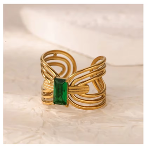 Personalized Hollow <b>Stainless</b> <b>Steel</b> <b>Ring</b> with Irregular Opening Adjustable Gold Plated <b>Ring</b> With Beautiful Green Colored Stone - Product Image 5