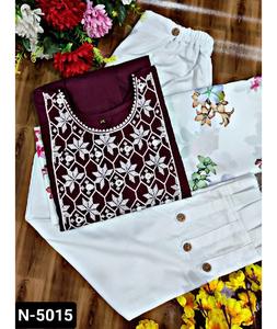 Indian Casual and Daily Wear Fancy Rubi Cotton With Wooden Button and Embroidery Work with Crepe with Digital Printed Dupatta - Product Image 1