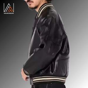 แจ็คเก็ตหนังเบสบอลสีดำเงาสำหรับผู้ชายแจ็คเก็ตบอมเบอร์เลตเตอร์แมนมีซิปรูด - Product Image 3