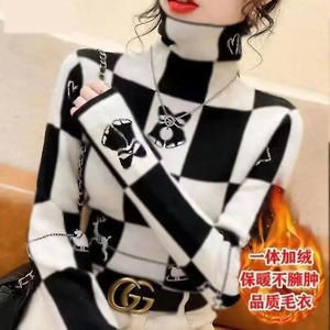 Women Clothing Autumn Winter Color Plaid Print Basic <b>T</b>-<b>shirt</b> High Collar Long Sleeve <b>Thick</b> Warm Pullover Tops - Product Image 5