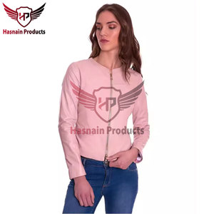 Chaqueta de cuero rosa auténtico para mujer, sin cuello, cuello redondo, de piel de oveja, con cremallera frontal, bolsillos laterales, corte ajustado, prendas de vestir personalizadas, nuevo estilo. - Product Image 2