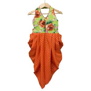 Combinaison sans manches imprimée pour femme en vert lime et orange, col halter, tenue de soirée tendance, polyester/coton, été - Product Image 1