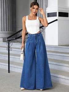 Pantalones y pantalones de mujer de alta calidad Piernas anchas Palazzo Blue Denim Slim Fit Vintage Casual Moda Ventas completas - Product Image 4