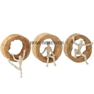 Designer antique unique coulé en aluminium poli brillant de couleur argentée avec cadre rond en bois et fourniture de sculpture de base d'Inde - Product Image 3