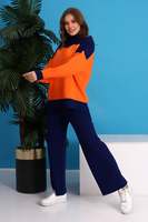 Conjunto de Dos Piezas de Punto con Cuello Alto y Bloques de Color para Mujer, Venta al por Mayor del Fabricante: Suéter de Manga Larga de Corte Holgado y Pantalones de Pierna Ancha
