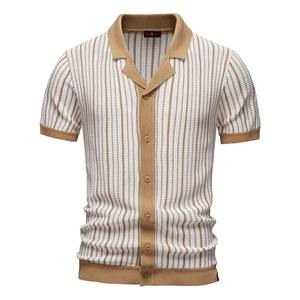 Polo de malla a rayas para hombre 2025-Top de punto con panel de contraste transpirable con cuello vuelto - Product Image 1