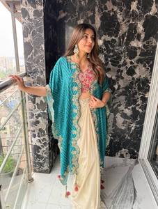 Ensemble trois pièces moderne et tendance en soie pour mariage et soirée, style occidental, avec chemisier brodé de sequins, dhoti de créateur et châle fluide élégant, livraison rapide - Product Image 6