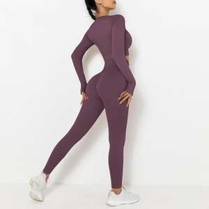 Ensemble de gymnastique 2 pièces pour femmes haut à manches longues Leggings taille haute extensible dans 4 sens pour l'entraînement Yoga Fitness Training Motif solide - Product Image 4