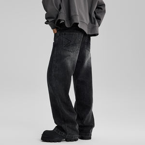 กางเกงยีนส์ขาตรงสไตล์วินเทจของผู้ชายสีดำเทาหินฟอกสีฮิปฮอปดีไซเนอร์กลางเอวสูง - Product Image 5