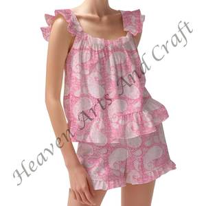 High Quality Cotton Shorts <b>Pajamas</b> Set <b>For</b> <b>Women</b> Soft Block Spring/<b>Summer</b> Floral Fitted Strappy Ruffle Trim Sleeves PJ Set - Product Image 3