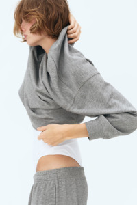 Sweat-shirt court à la mode pour femmes gris chiné coton éponge à capuche côtelé poignets ourlet imprimé décontracté vêtements d'hiver tombé - Product Image 2