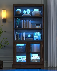 Estantería Moderna <span class=keywords><strong>de</strong></span> Nogal al por Mayor con Luces LED y Puertas <span class=keywords><strong>de</strong></span> Cristal, Mueble Alto <span class=keywords><strong>de</strong></span> Madera para Exhibición y Almacenamiento para Sala <span class=keywords><strong>de</strong></span> Estar - Product Image 1