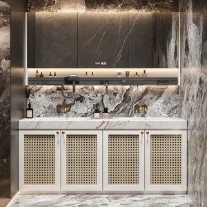 Muebles de trabajo de mimbre Mesa completa Gabinete de escritorio Panel Espejo Fregadero Grifo Cobre Comedor Baño Vanity Rock - Product Image 3