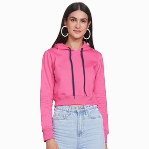 Vente en gros de sweat-shirt de couleur rose, haut court, sweats à capuche en polaire, sweats à capuche décontractés en coton uni pour femmes - Product Image 1