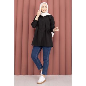 Haut décontracté pour femme Alin, taille ajustable, boutonné, design simple, tissu en satin popeline tricoté, taille XL - Noir pour le printemps et l'automne - Product Image 1