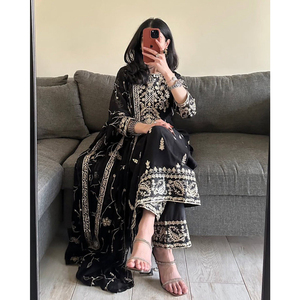 Designer <b>3</b>-<b>Piece</b> <b>Women's</b> Ethnic Faux Georgette Sequin Embroidered Salwar <b>Suit</b> Set & Dupatta <b>for</b> Winter Parties-Bollywood Style - Product Image 1