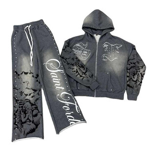 Streetwear vintage surdimensionné pour hommes, ensemble pantalon de survêtement et sweat à capuche évasé court et évasé, dernier 100% coton personnalisé - Product Image 4