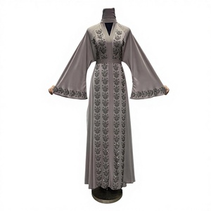 Wholesale Modest Dubai Beaded <b>Sequined</b> Long Sleeve Abaya Muslim Traditional Handmade Wedding Women Polyester Breathable V Neck - Product Image 6