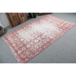 Vintage Turkish Rug, 5.1x8.2 ft Rug, <b>Red</b> Floral <b>Wool</b> Rug - Product Image 2