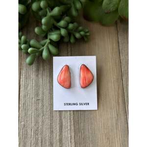Navajo Handmade Spiny Oyster & <b>Sterling</b> <b>Silver</b> <b>Stud</b> Earrings Geometric Bezel Set - Product Image 5