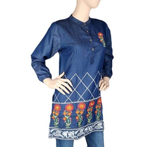 Kurti en denim brodé pour femmes - Bleu clair - Product Image 1