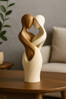 Statue d'amoureux en bois Art Déco artisanale, sculpture abstraite géométrique de couple romantique, polie, écologique et durable