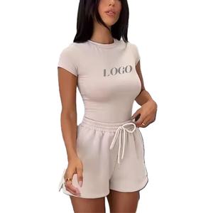 Top qualité manches courtes personnalisé votre propre logo haut et court pour les femmes confortable et respirant col rond coupe ajustée décontracté - Product Image 3