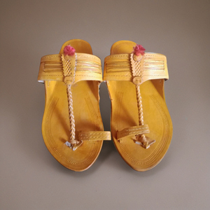 Handmade Kolhapuri <b>Leather</b> Chappals Mustard Yellow Traditional Indian Sandals Embroidered CoCoPurple Custom Branding Fashion - Product Image 1