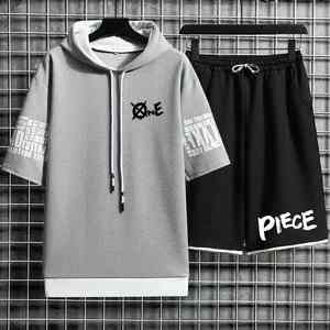 Sudadera con capucha deportiva informal para hombre, camisetas de estilo Harajuku de calle alta de verano, pantalones cortos con patrón sólido, conjunto de 2 piezas - Product Image 2
