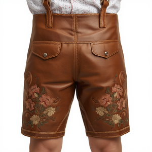Pantalones Cortos Bávaros de Cuero Genuino Color Camel, Estilo Rústico Premium, Tradicionales para Oktoberfest, Bordados, Proveedor OEM - Product Image 2