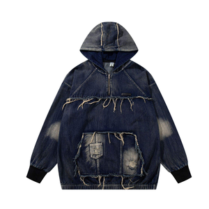 Nueva tendencia de moda Sudaderas con capucha de mezclilla Estilo Wasteland Costura lavada Hombres Casual Regular Fit Invierno Impreso 100% Algodón - Product Image 2