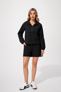 Set da yoga in 2 pezzi, top corto con zip a maniche lunghe, pantaloncini con coulisse in vita, traspirante, tinta unita, manica lunga, abbigliamento sportivo - Product Image 3