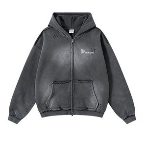Plain High Quality Acid Washed Streetwear 400gsm Distressed Winter Sweatshirt Loose Oversized <b>Men</b> <b>Zipper</b> <b>Hoodie</b> - Product Image 5