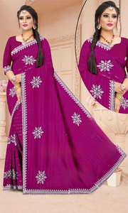 Sari de gasa de Organza bordado vibrante con borde festoneado de diseñador disponible para pedidos de exportación a granel de La India - Product Image 3