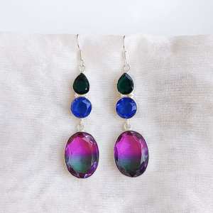 Bi-Color <b>Tourmaline</b> Multi-Stone Dangle <b>Earrings</b> 92.5 Silver Plated Crystal <b>Earrings</b> Handmade Boho Jewelry Gift for Her - Product Image 1