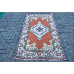 Turkish 3.6x5.8 ft Rug, Vintage Rug, <b>Red</b> Ikat <b>Wool</b> Rug - Product Image 1