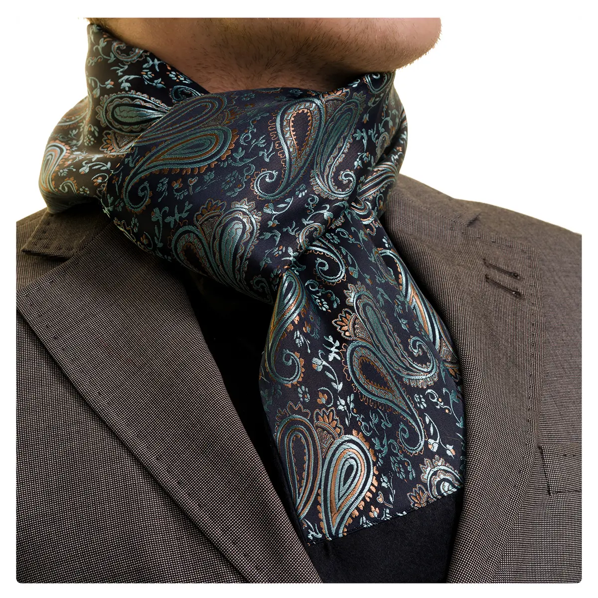 Turquoise Paisley and Leaves Men's Customized Man Made Silk Scarf for Men Jacquard Satin Woven for Trend
