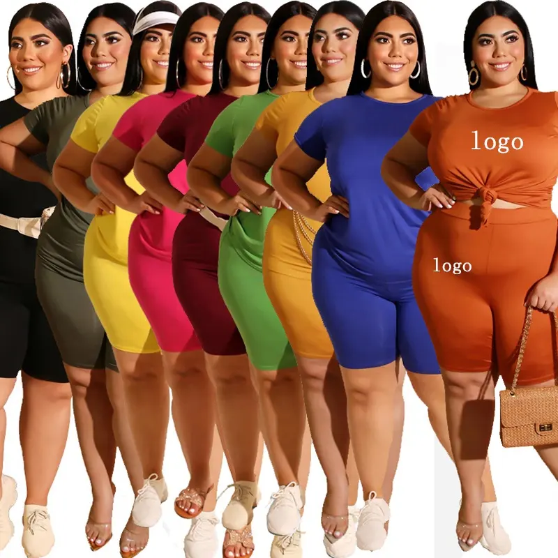 5XL Summer Outfit 2023 Plus Size Set Women Solid Color Fashion Casual Pants Set Plus Size Ladies Custom Logo Two Piece Set