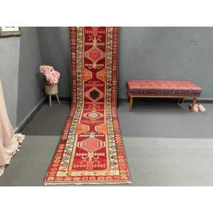 2.7x11.4 ft Herki Vintage Rug, <b>Red</b> Ombr Turkish Rug <b>Wool</b> - Product Image 1