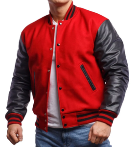 แจ็คเก็ตทีมเบสบอลเลตเทอร์แมนสำหรับผู้ชายอเมริกันแขนเสื้อหนังแท้สีดำขาว/ดำ - Product Image 1